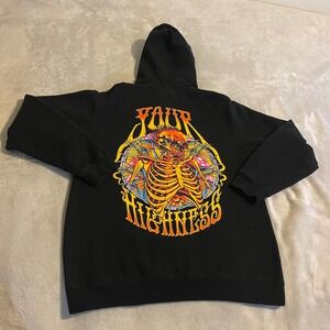 YOUR HIGHNESS Black Skeleton Fire Graphic Hoodie Sweatshirt Mens Size Medium Gym